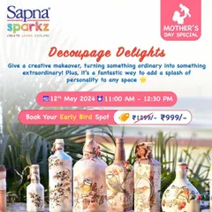 This promotional image showcases the beautiful results of our decoupage workshops. Learn to adorn bottles and other objects with intricate designs, perfect for creating unique gifts or adding a personal touch to your home decor.
