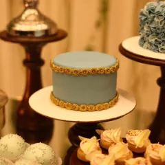 An elegant, minimalist cake with a smooth pastel blue finish and intricate golden border. This is an example of our artisan cakes, perfect for sophisticated celebrations.