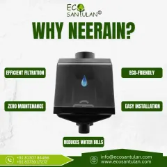 We designed the Neerain filter to be the perfect solution for water scarcity. This image breaks down the key benefits: it's efficient, eco-friendly, requires zero maintenance, is easy to install, and directly helps reduce your water bills.