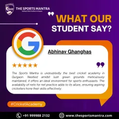 A 5-star Google review from Abhinav, who calls our academy the best in Gurgaon. He praises the lush green grounds and the availability of nets for effective practice.
