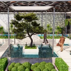 A conceptual design showing a central water feature with a specimen tree, crossed by modern, minimalist walkways. This illustrates our approach to integrating water as a core architectural element in a landscape.