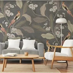 This elegant wallpaper features birds and blossoms on a dark, textured background. It's a sophisticated design that works beautifully as an accent wall in a living room or study.