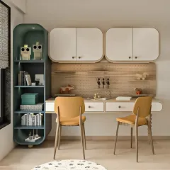 A playful and modern study area for two children. The design uses curved, contemporary shelving and cabinets in white and sage green, with a pegboard wall for flexible organization.