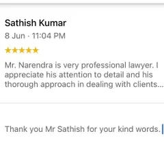 I am grateful for the trust my clients place in me. This 5-star review from Mr. Sathish Kumar highlights my professional and thorough approach, which is something I strive for in every case I handle, whether it's a property dispute or a consumer complaint.