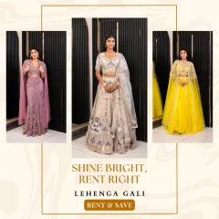 Shine bright, rent right. This collection features a lavender embroidered piece, a classic ivory lehenga, and a vibrant yellow cape set, perfect for any festive occasion.