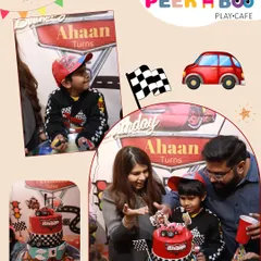 A collage from Ahaan's car-themed party, featuring the birthday boy, his amazing cake, and the cake-cutting moment with his family.