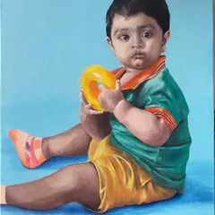 This is a portrait of my nephew, a piece that is very close to my heart. Capturing the innocence and gentle expression of a child is a delicate process, and I even repainted the face to get it just right. It’s this attention to detail that I bring to every personalized portrait.