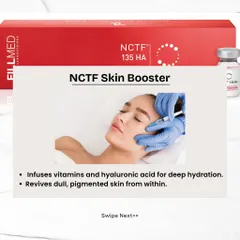 The NCTF Skin Booster is a revitalizing treatment that infuses the skin with vitamins and hyaluronic acid. It provides deep hydration and helps repair dull, pigmented skin from within.