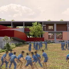 This rendering shows a school we designed in the Mandya district, conceived as a vital community hub. The architecture opens towards public grounds with tiered seating, creating a space for both academic learning and community engagement. It reflects our commitment to creating public buildings with a meaningful social impact.