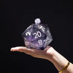 A lifestyle shot showing the scale of a giant D20 die. This image connects the product to the user and highlights its unique size and impressive detail.