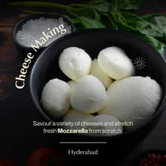 Learn the magic of cheesemaking in our Hyderabad workshop. This session focuses on tasting a variety of cheeses and learning the hands-on process of stretching fresh mozzarella from scratch.