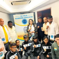 A group photo with honored athletes and officials at the All Delhi Kickboxing Association's Annual General Body Meeting. I am committed to empowering athletes and promoting combat sports.