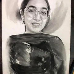 A realistic portrait of a woman with glasses, created using the dry brush technique. This Indonesian art style uses a single paint color to create a stunning, sketch-like effect.
