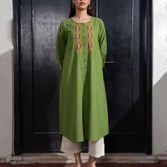 Our Paheli green A-line kurta, paired here with white pants, is a perfect example of a not-so-basic basic. The intricate embroidery on the yoke adds a touch of tradition to this effortless style.
