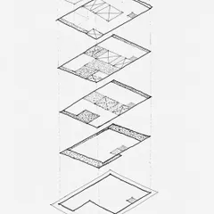 This exploded axonometric diagram illustrates the distribution of hard surfaces versus soft green spaces across all levels of a home. It's a technical drawing that helps plan the integration of nature from the ground floor to the roof.
