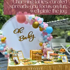A charming baby shower setup with a "Oh Baby" sign and a beautiful dessert table. We focus on the details, from curated spreads to themed decor, so you can focus on the fun and joy of the occasion.