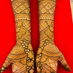 This design showcases my love for traditional, full-coverage mehandi. It is filled with classic Indian motifs like elephants and paisleys, combined with fine lines and geometric patterns for a rich, dense look.