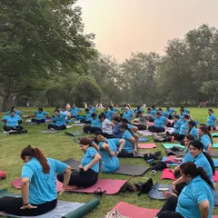 A large outdoor gathering for International Yoga Day. Practicing together in nature brings a special kind of peace and energy.