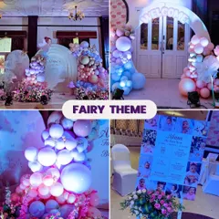This collage showcases different elements of a fairy-themed event, including a grand balloon arch entrance, a custom photo board celebrating the baby's first year, and intricate floral and balloon decor that glows with magic.