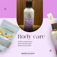 A glimpse into my body care range. It includes my Saffron and Henna body lotions for all-day moisture and tan removal, and a gentle Body Wax Powder.