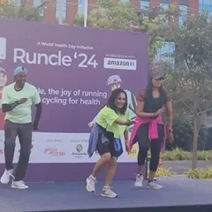 Leading a warm-up session for the Runcle'24 World Health Day initiative with Amazon. I love bringing my energy to large corporate wellness events and getting everyone moving for a great cause.