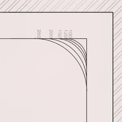 A technical drawing showing our exploration of different radii for a corner curve. We go through numerous iterations to find the exact geometry that feels right for the space.