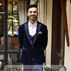 Amit looking sharp and confident in our royal blue velvet tuxedo, a perfect choice for his cocktail event.