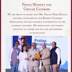 A proud moment for our family. Mr. Pratap Hirji Dhulla being honoured by the Bombay Caterers Association for his invaluable contribution to the industry. This award is a testament to our legacy of passion and excellence.