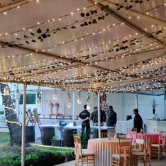 A rustic lighting setup for an outdoor event. We created a simple canopy structure and covered it with fairy lights and hanging ivy vines for a charming and natural look.