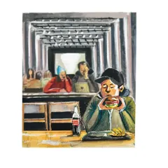 A sketch capturing a quiet moment at a busy food market: a person enjoying a burger and fries. I love illustrating these simple, relatable scenes of people connecting with their food.