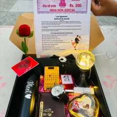 For a truly unique romantic gift, I offer this 'Love Agreement' hamper. It features a fun, personalized certificate on mock stamp paper, along with a custom watch, bottle, ring, and other romantic goodies for your partner.