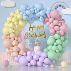 A pastel rainbow balloon ring is a great choice for a colorful and happy kids' party. I can customize the colors to match your theme, whether it's a rainbow, unicorn, or candy-land party.