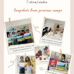 Here are some snapshots from our previous camps. You can see the kids proudly showing their Van Gogh-inspired masterpieces and concentrating hard during clay sculpting sessions.