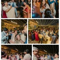 A collage of candid moments from the engagement party dance floor. It captures the energy and happiness of the couple dancing with their parents and friends.