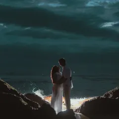 We believe the most dramatic moments often happen after sunset. Using creative lighting against the crashing waves in Goa, we crafted this powerful, cinematic portrait that feels like a scene from a movie.