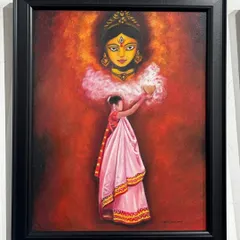 A framed view of the stunning "Worshipper of Durga" painting, showcasing its rich colors and emotional depth.