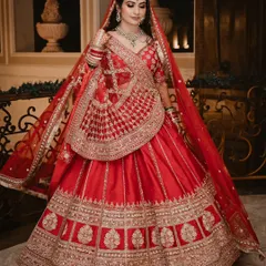 The complete bridal look in all its glory. This full-length portrait showcases the stunning detail of the red lehenga, capturing the bride's elegance and poise on her special day.