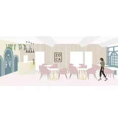 The initial concept illustration for the Zoca rooftop café. We used this visual to establish the pastel color palette, the arched motifs, and the overall vibrant and refreshing atmosphere.