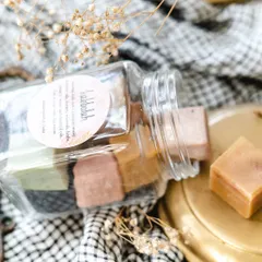 My assorted soap cubes in a jar are a wonderful way to try different varieties. Each jar contains 8 to 10 cubes of my handcrafted body bars, and each cube lasts for several washes.