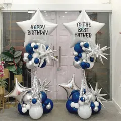 A stellar birthday wish for the best father. These twin star balloon columns in a cool blue, white, and silver palette can be personalized with any message to make your loved one feel like a star.