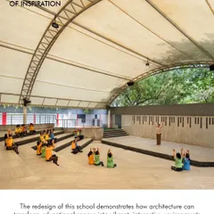 This article on 'Kidtecture' features our work on the GD Goenka Public School. The open-air amphitheater with its tensile roof provides a versatile space for performances, classes, and yoga sessions, fostering learning, interaction, and a sense of belonging.
