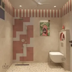 The shower area is designed with a fun geometric pattern using pink subway tiles, adding a playful touch to the space.