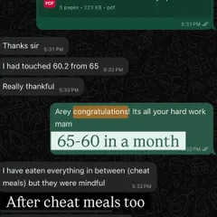 "65 to 60 in a month, after cheat meals too." This client's success shows that my approach is about mindful eating and balance, not extreme restriction. You can enjoy life and still see results.