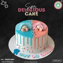 Boy or Girl? This fun gender reveal cake features pink and blue drips and two cute baby bottoms peeking out from under blankets, adding a playful touch to your special announcement.