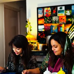 Here are Sanchita and Sukriti, painting together at the studio. It's always a joy when friends come to create together, filling the space with laughter and happy vibes.