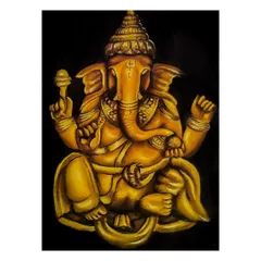 A detailed rangoli portrait of Lord Ganesha, created for Ganesh Chaturthi. The focus on golden tones and the strong contrast with the black background makes the deity's form stand out, giving it a divine glow.
