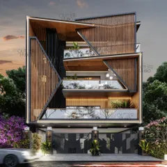 Here is another view of the New Delhi home, highlighting the interplay of angular and louvered elements. The design creates distinct visual layers, with deep balconies and extensive glazing that blur the line between inside and out.