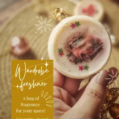 My handcrafted aromatic Wardrobe Freshener, which I call a 'hug of fragrance for your space'. This one has a cute macaron design embedded in the wax.
