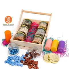 I can create diverse looks for your product line. This shot features a rustic wooden crate hamper, styled with colorful candles and treats to evoke a warm, celebratory feeling. It shows how I adapt the setup to match the product's specific theme, whether it's for Diwali or a corporate event.