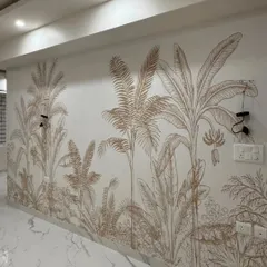 This elegant botanical wallpaper features delicate line drawings of palm trees. It's a modern and subtle way to bring a nature theme into a space, and I ensure a perfect fit around all switchboards.